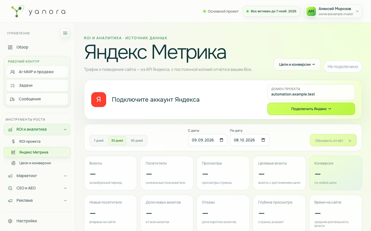 Интерфейс раздела «Метрика и цели» в Yanora Box
