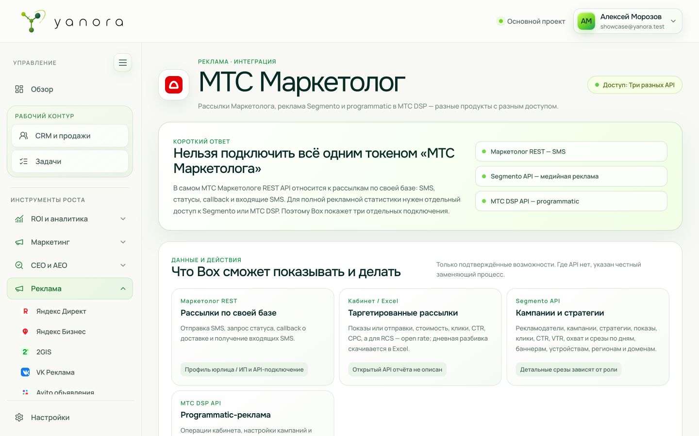 Интерфейс раздела «МТС Маркетолог» в Yanora Box